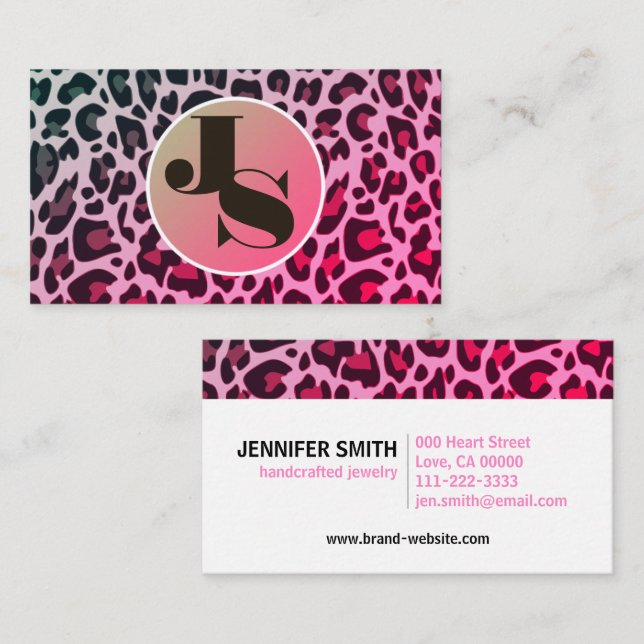 Monogram Pink Leopard Print Rockabilly Pattern  Business Card (Front/Back)
