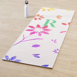 Monogram Pink Lilac Yellow Teal Floral Watercolor Yoga Mat