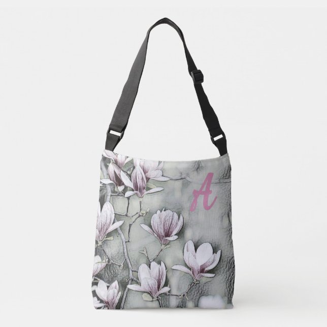 Monogram Pink magnolia branch drawing grey black Crossbody Bag (Front)