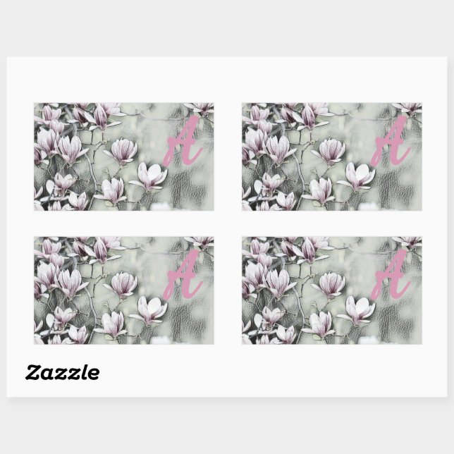 Monogram Pink magnolia branch drawing grey black Rectangular Sticker (Sheet)