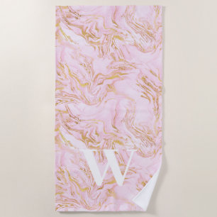 Monogram Pink Marble Gold Glitter Beach Towel