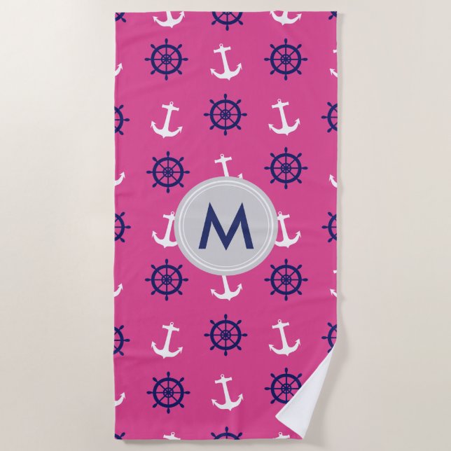 Monogram Pink Nautical Beach Towel (Front)