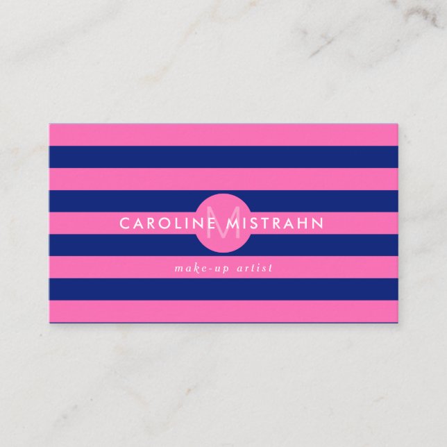 Monogram Pink Navy Blue Makeup Artist Professional Business Card (Front)