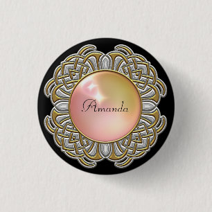 Monogram Pink Opal Pearl Jewel Gold Bezel on black 3 Cm Round Badge