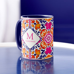 Monogram Pink orange blue Mexican tiles  Mug
