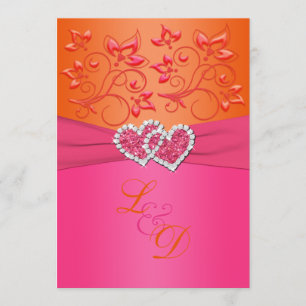 Monogram Pink, Orange Floral Joined Hearts Invite