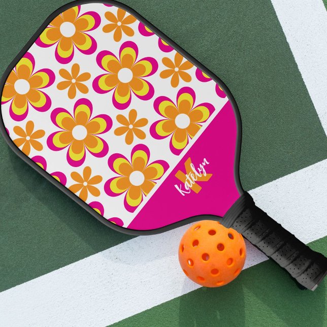 Monogram Pink Orange Groovy Flowers Pickleball Paddle (Creator Uploaded)