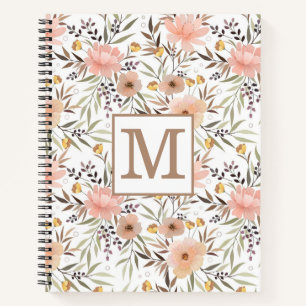 Monogram Pink Peach Olive Brown Floral Pattern Notebook