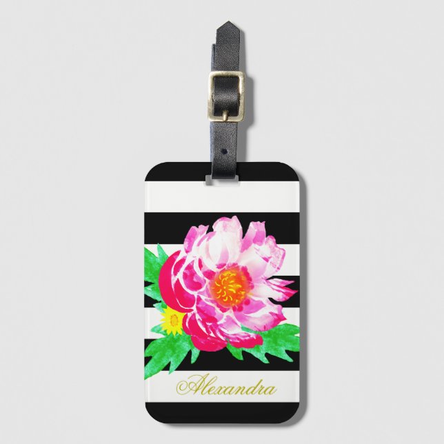 Monogram Pink Peony Black & White Luggage Tag (Front Vertical)