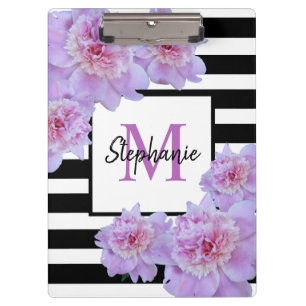 Monogram Pink Peony Flower Black Stripe Purple Clipboard