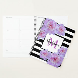 Monogram Pink Peony Flower Black Stripe Purple Planner