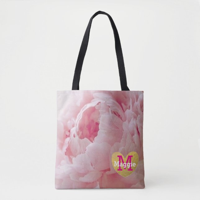 Monogram Pink Peony Wedding Party Tote Bag (Front)