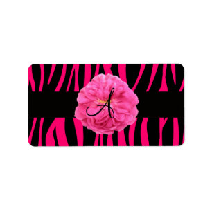 Monogram pink peony zebra stripes label