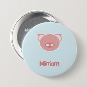 Monogram pink piglet on blue 7.5 cm round badge
