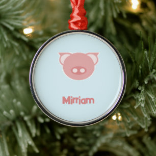 Monogram pink piglet on blue metal tree decoration