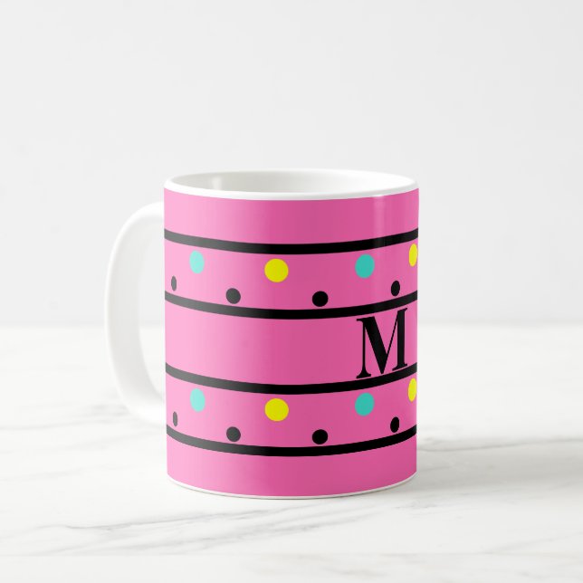 Monogram Pink Polka Dots Coffee Mug (Front Left)