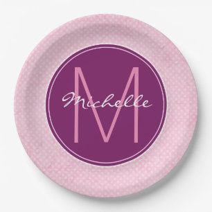 Monogram Pink Polka Dots Paper Plate