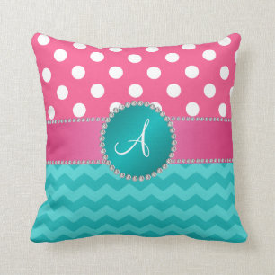 Monogram pink polka dots turquoise chevron sparkle cushion