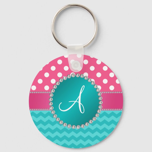 Monogram pink polka dots turquoise chevron sparkle key ring (Front)