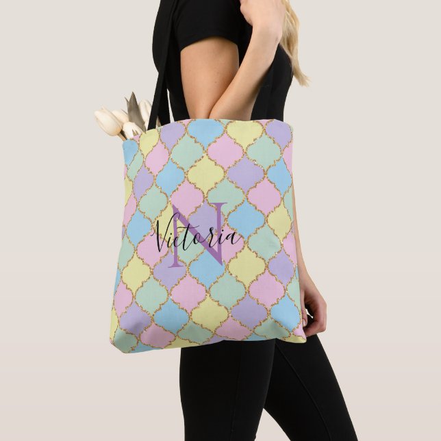 Monogram Pink Purple Colours Gold Glitter Modern Tote Bag (Close Up)