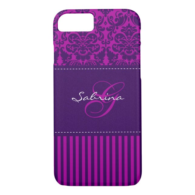 Monogram Pink, Purple Damask Stripe iPhone 7 Case (Back)