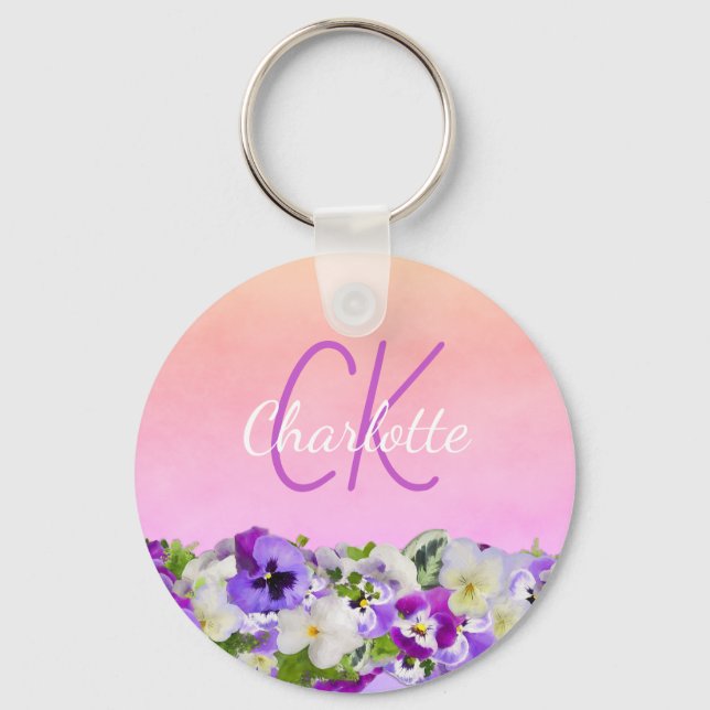 Monogram pink purple floral pansies name script key ring (Front)