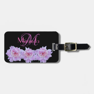 Monogram Pink Purple Peonies Black Retro Luggage Tag