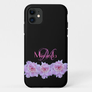 Monogram Pink Purple Peonies Chic Retro Typography iPhone 11 Case