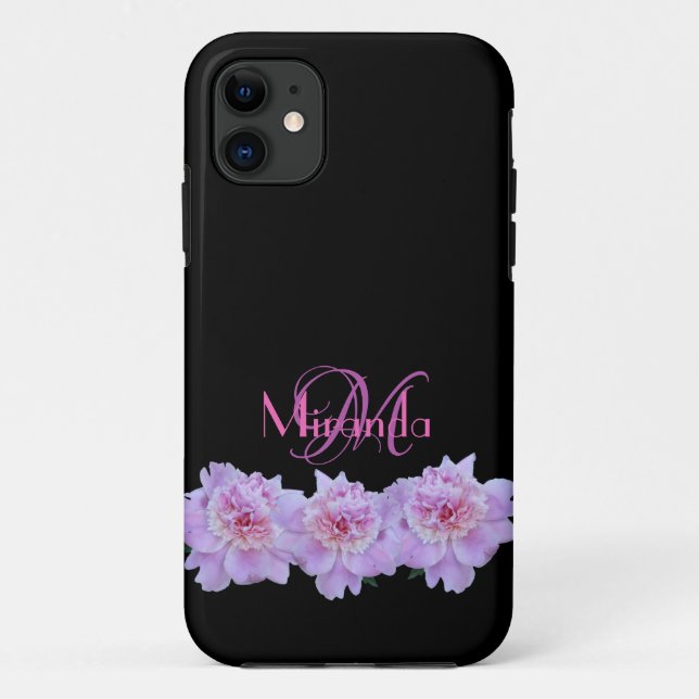 Monogram Pink Purple Peonies Chic Retro Typography Case-Mate iPhone Case (Back)