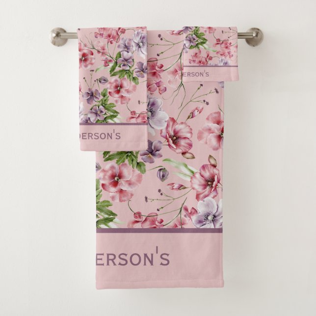 Monogram Pink Purple Rose Green Floral Greenery  Bath Towel Set (Insitu)