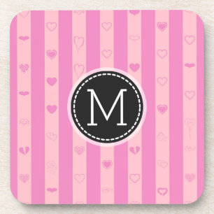 Monogram Pink Purple Stripes Modern Heart Pattern Coaster