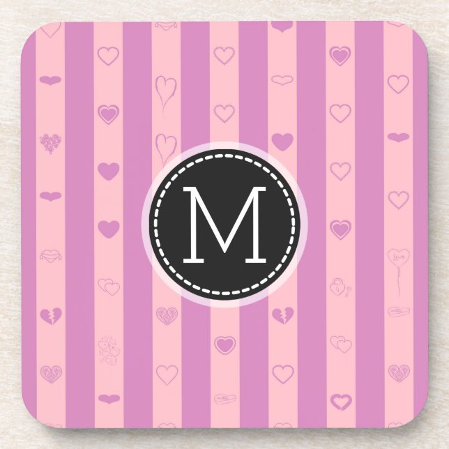 Monogram Pink Purple Stripes Modern Heart Pattern Coaster (Front)