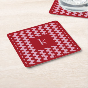 Monogram Pink Red Bold Wavy Pattern Square Paper Coaster