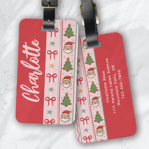 Monogram Pink Red Christmas Coquette Bow Luggage Tag