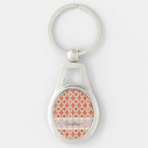 Monogram Pink Red Geo Tribal Ikat Diamond Pattern Key Ring