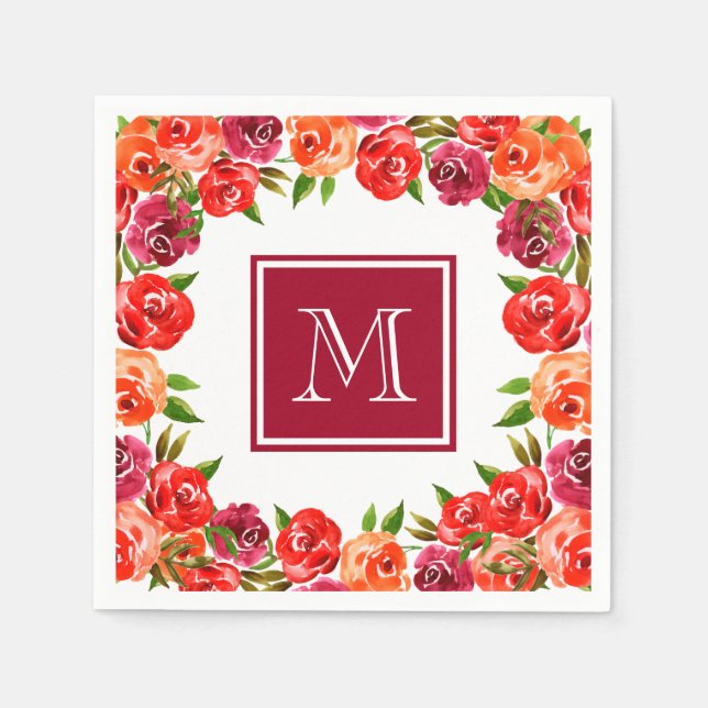 Monogram Pink Red Orange Flowers Napkin (Front)