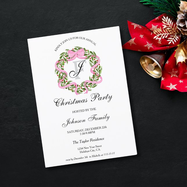 Monogram Pink Ribbon Wreath Christmas Dinner Party Invitation (christmas wreath with pink bow ribbon)