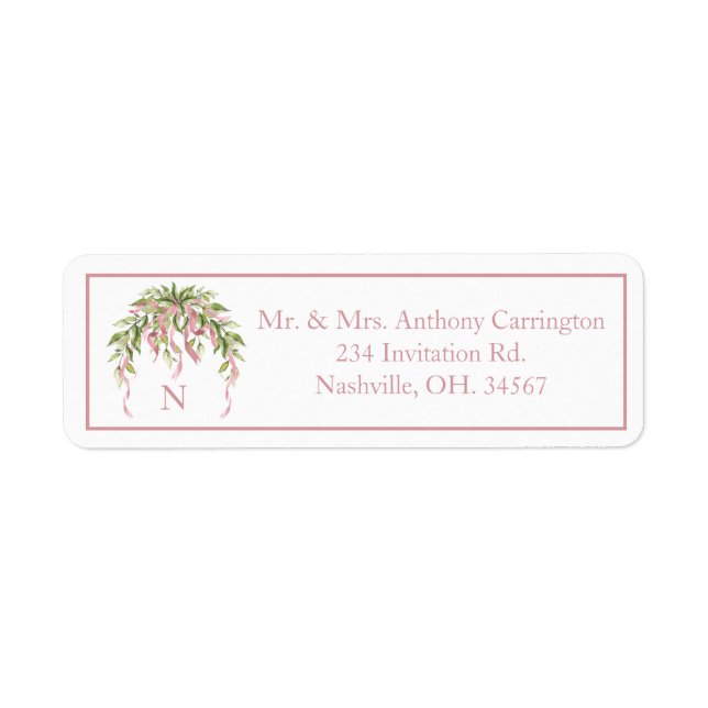 Monogram Pink Ribbons Floral Elegant Return Addres (Front)