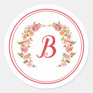 Monogram: Pink Rose Arc Sunlight Font & Circle Classic Round Sticker