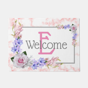Monogram Pink Rose Bouquet Welcome Doormat