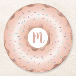 Monogram pink rose gold foil doughnut script glam round paper coaster