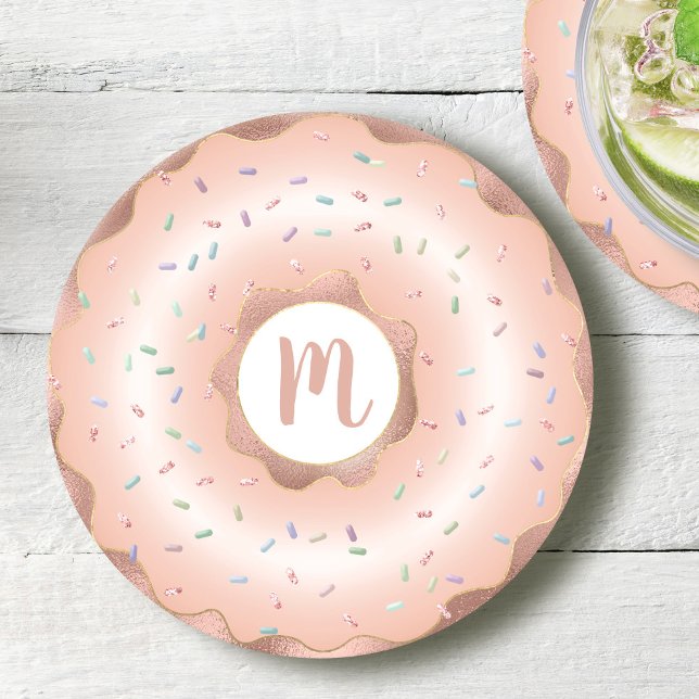 Monogram pink rose gold foil doughnut script glam round paper coaster (Creator Uploaded)