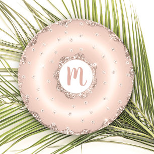 Monogram pink rose gold glitter doughnut script round paper coaster