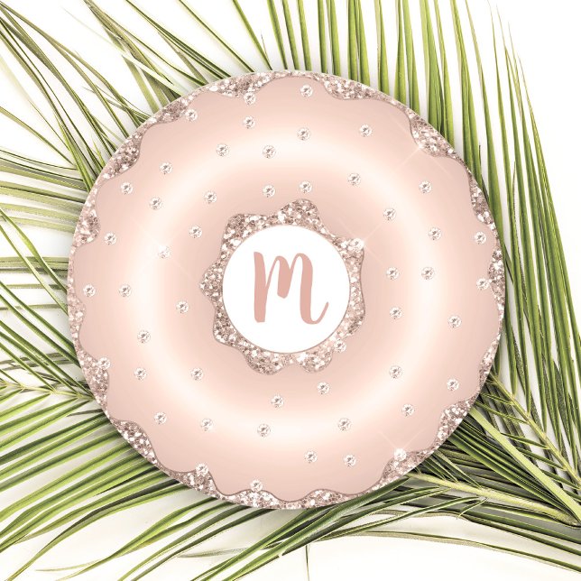 Monogram pink rose gold glitter doughnut script round paper coaster (Creator Uploaded)