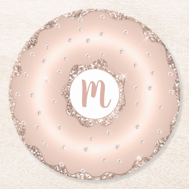 Monogram pink rose gold glitter doughnut script round paper coaster (Front)