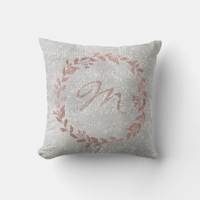 Monogram Pink Rose Gold Silver Wreath Sequin Cushion (Front)