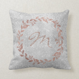 Monogram Pink Rose Gold Silver Wreath Sequin Cushion