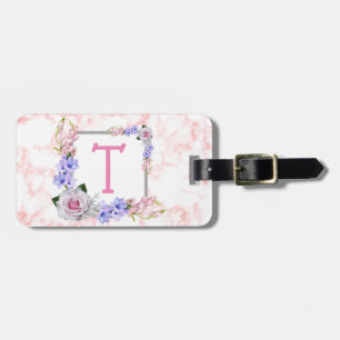 Monogram Pink Rose Marble Luggage Tag