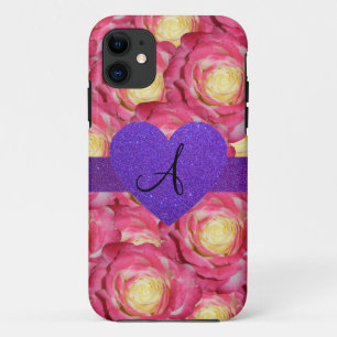 Monogram pink rose purple glitter heart iPhone 11 case