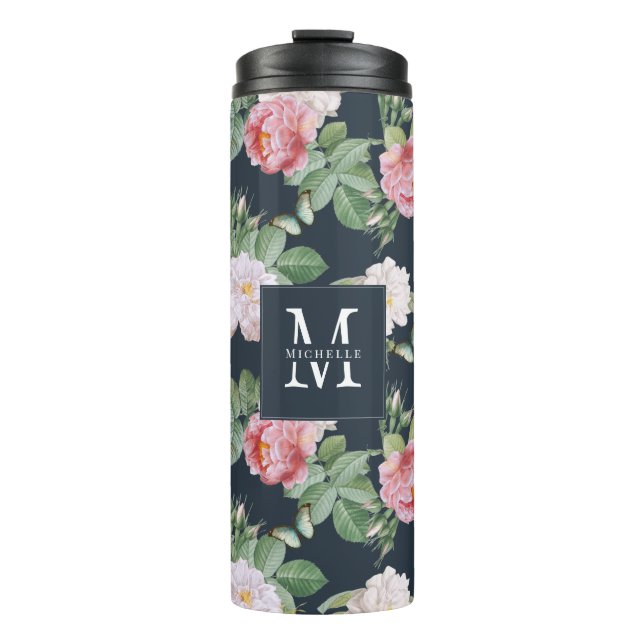 Monogram Pink Roses Butterflies Custom Dark Grey Thermal Tumbler (Front)
